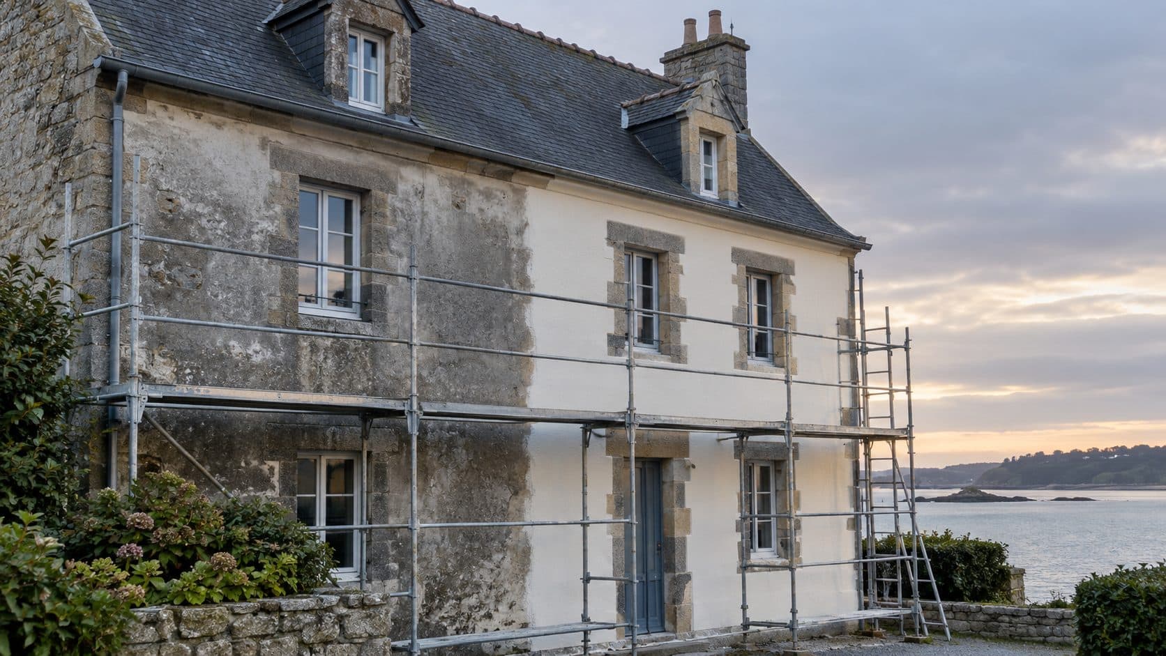 Façade bretonne à mi-parcours d'un ravalement
